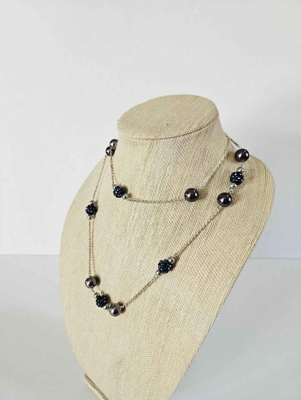 Vintage RMN Roman Blue Faux Pearl Beaded Silver Tone Opera Length Chain Necklace
